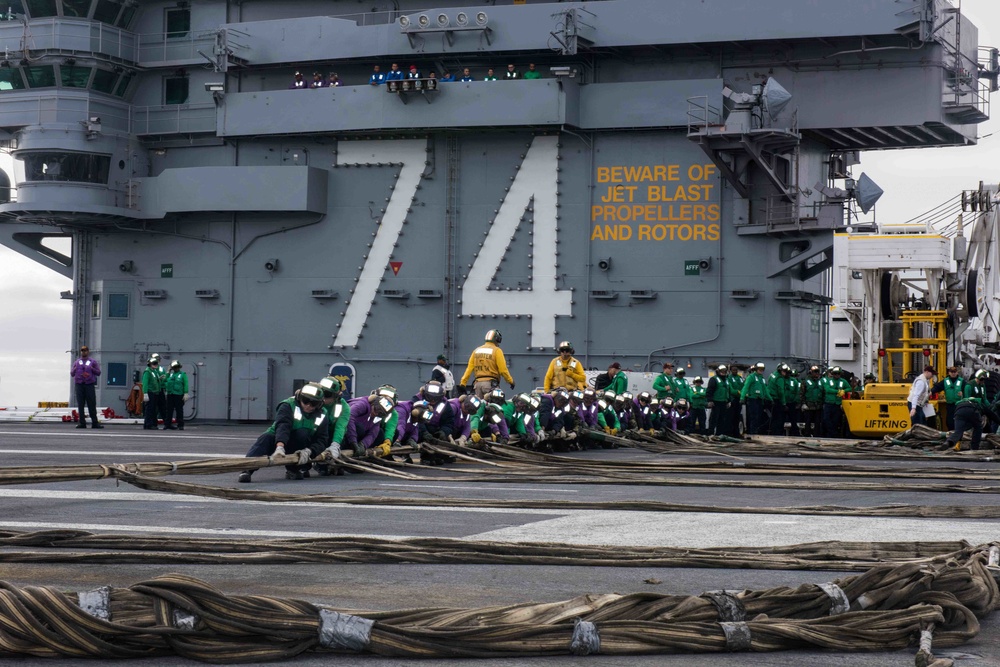 Sailors conduct flight deck drills