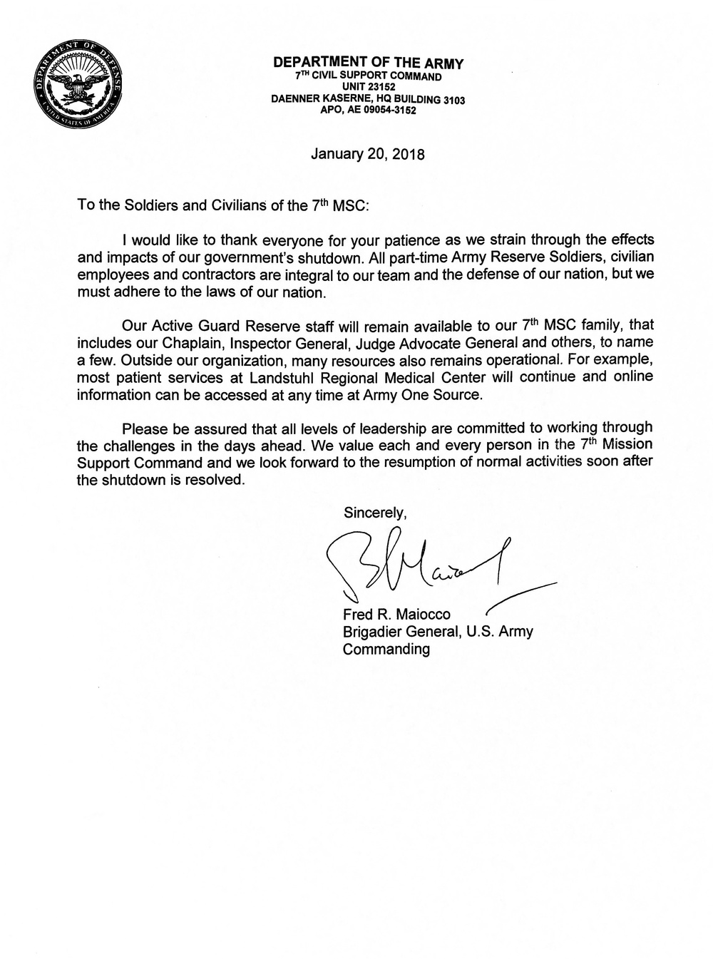Brig. Gen. Maiocco's letter to the 7th MSC