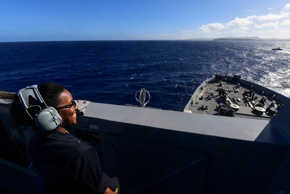 USS San Diego (LPD 22) Operations Specialist Stands Watch on Bridge Wing
