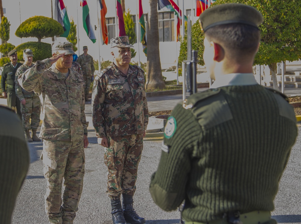 Lt. Gen. Michael Garrett salutes soldiers from the Jordan Armed Forces