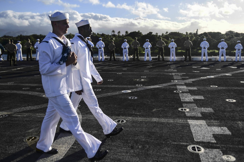 USS San Diego (LPD 22) Sailors Prepare to Conduct Colors