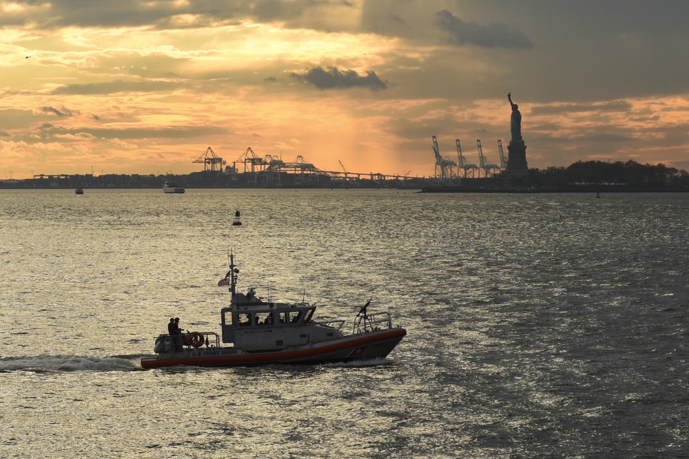 Coast Guard Response Boat Transits New York Harbor at Sunset