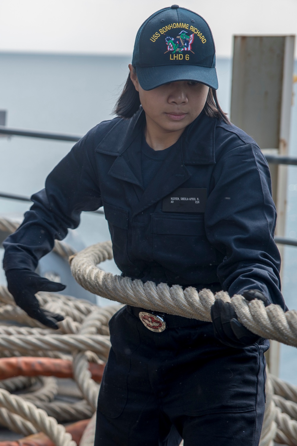 USS Bonhomme Richard conducts sea and anchor detail as it departs Okinawa