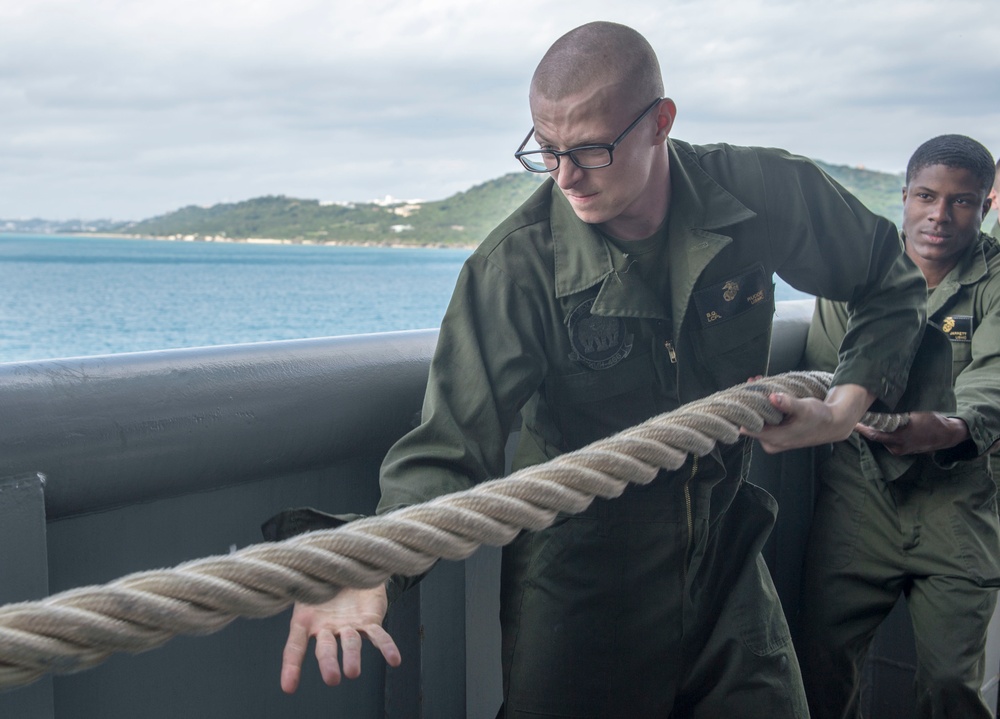 USS Bonhomme Richard conducts sea and anchor detail as it departs Okinawa