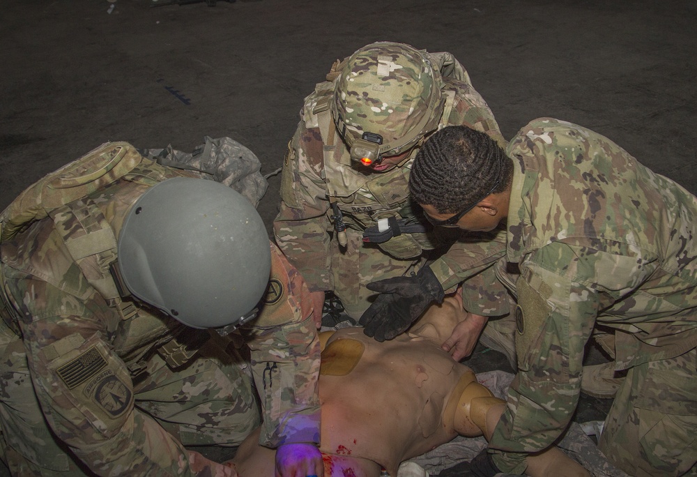 Soldiers assess simulated casualty for training