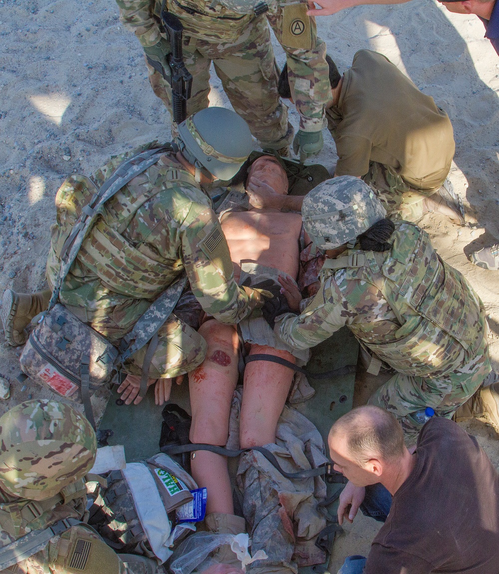 Soldiers assess simulated casualty for training