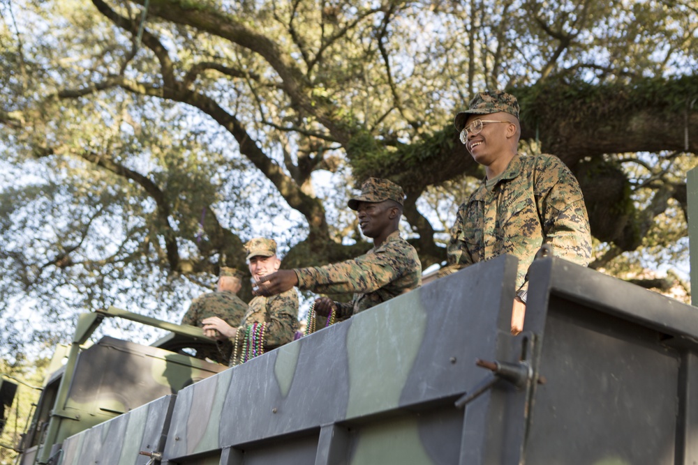 Marines with Marine Corps Support Facility New Orleans attend Krewe of Alla Mardi Gras parade