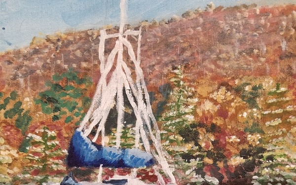 An acrylic or oil painting depicting a sailboat with furled sails moored on calm water, surrounded by autumn foliage on hillsides in the background. The water reflects the colorful fall colors in impressionistic dabs of paint. The painting is signed in the lower right corner with initials 'I.J.' and what appears to be a date '12/[?]'.