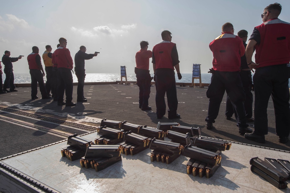 USS Bonhomme Richard (LHD 6) Sailors Qualify 9mm During Gun Shoot