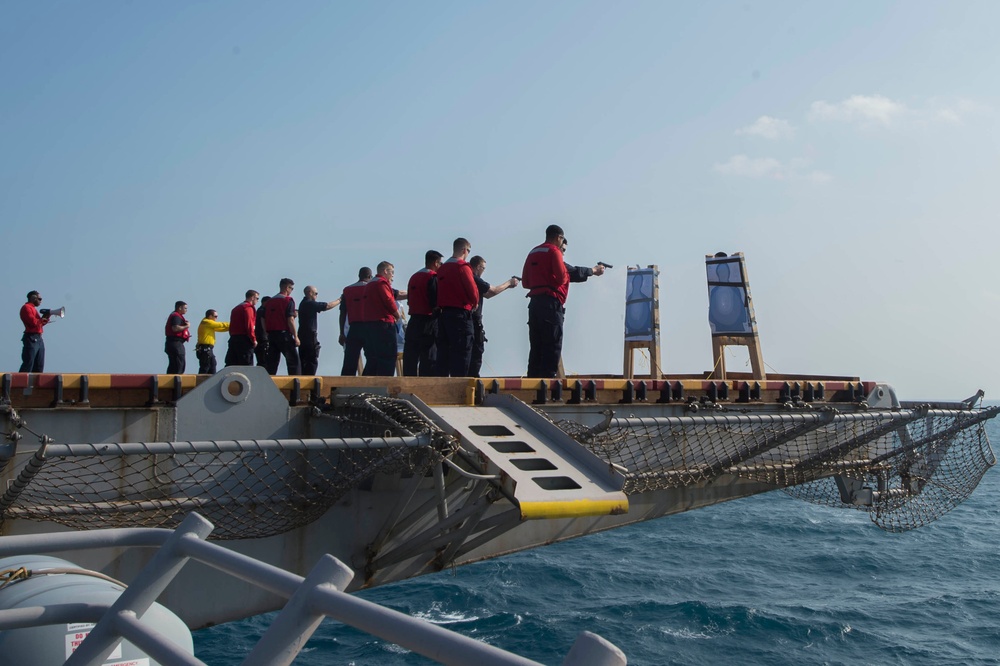 USS Bonhomme Richard (LHD 6) Sailors Qualify 9mm During Gun Shoot