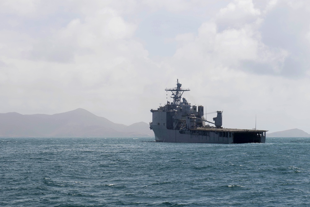 The dock landing ship USS Oak Hill (LSD 51) anchors outside of St. John, U.S. Virgin Islands