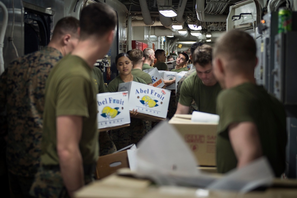 Nighttime Replenishment at Sea, USS Bonhomme Richard (LHD 6) and USNS John Ericsson (T-AO 194)