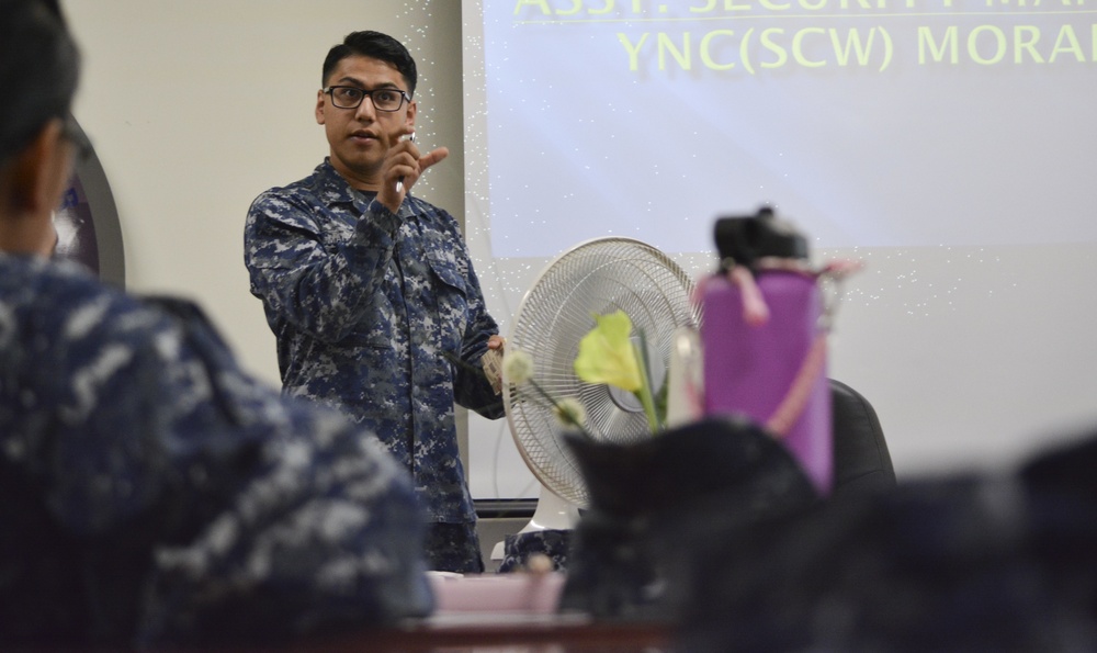 Yeoman 2nd Class Arturo Magallanes, assigned to Navy Operational Support Center (NOSC) Los Angeles, speaks to Reserve Sailors assigned to the Greater Los Angeles Area at command indoctrination during drill weekend
