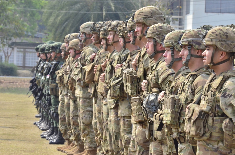 Cobra Gold 18: Troops of the 1-21st Infantry Battalion, 2-25th Infantry Brigade stand with Royal Thai Army for the opening ceremony of Cobra Gold 18