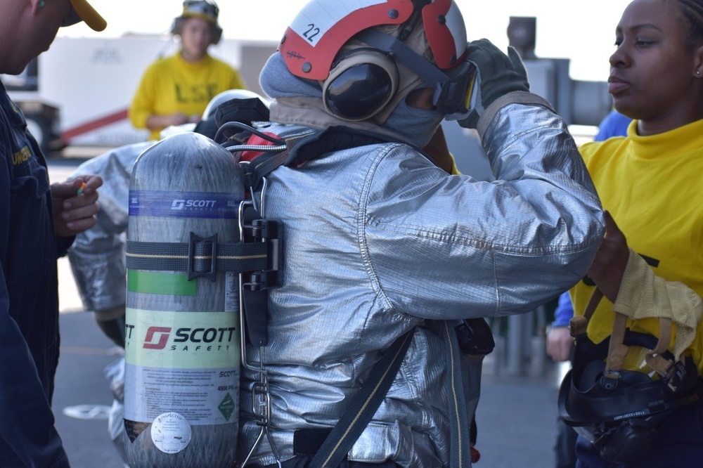 USS Lewis B. Puller conducts flight deck firefighting training