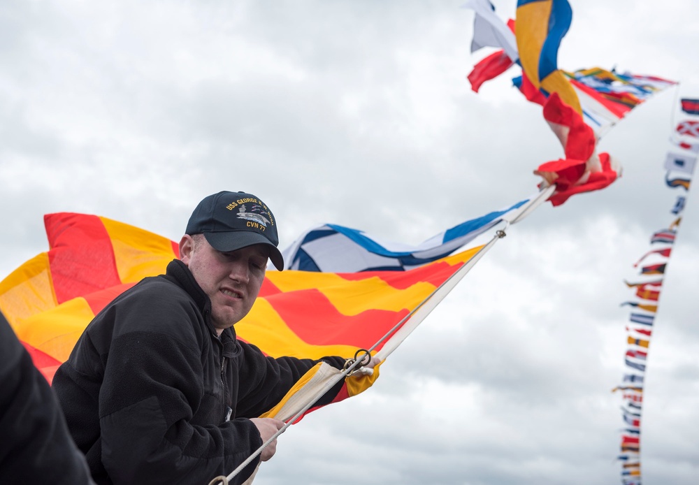 GHWB is the flagship of Carrier Strike Group (CSG) 2, which is comprised of the staff of CSG-2; GHWB; the nine squadrons and staff of Carrier Air Wing (CVW) 8; Destroyer Squadron (DESRON) 22 staff and guided-missile destroyers USS Laboon (DDG 58) and US..