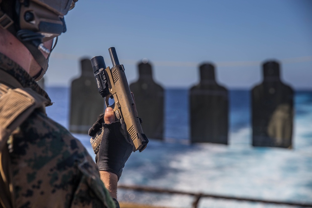 Blazing Guns: MRF Conducts Combat Marksmenship Training abaord Oak Hill