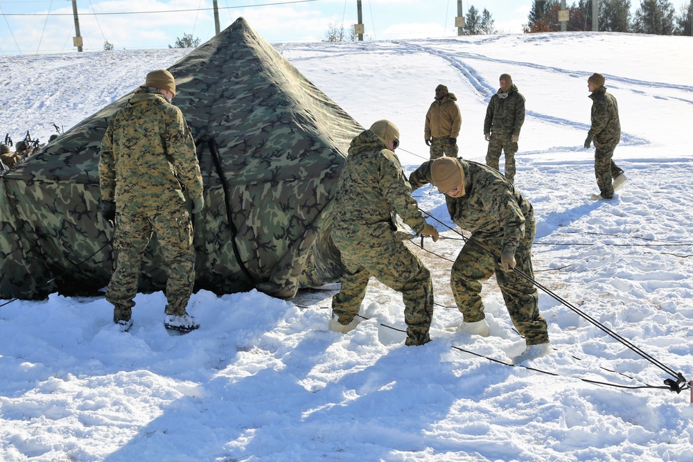 Cold-Weather Operations Course Class 18-04 students build Arctic tents during training at Fort McCoy