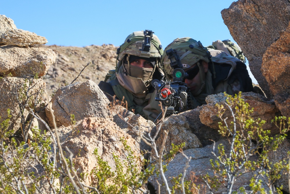 U.S. Soldiers scan for simulated enemies at an observation post