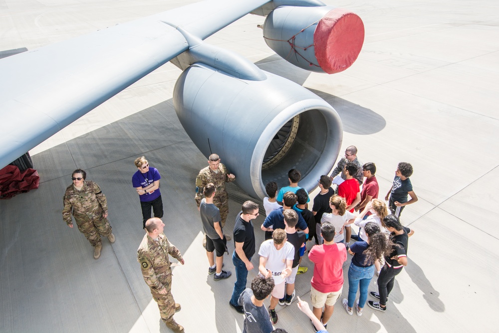 Eighth grade students learn about the mission of Al Udeid Air Base