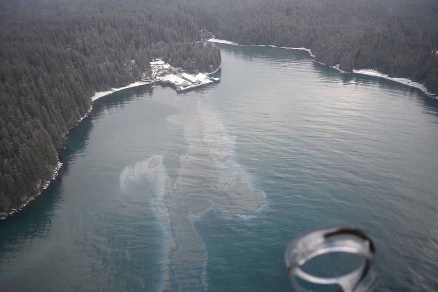 Coast Guard conducts overflight of oil spill in Shuyak Strait, Alaska