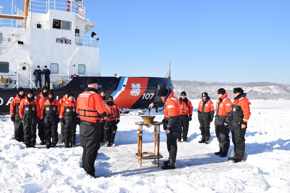 Coast Guard Cutter Penobscot Bay Cutterman's Ceremony while Hove-to in Ice on the Hudson River