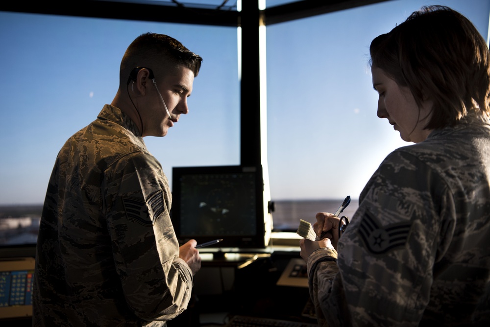 Vance air traffic controllers monitor the skies