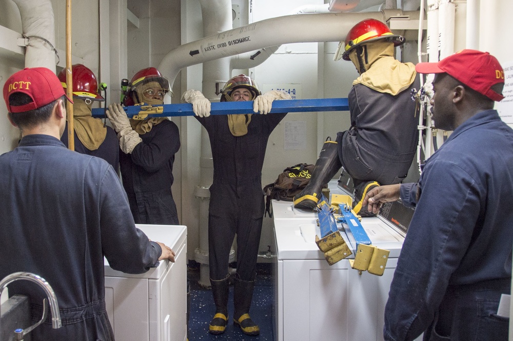 USS Bonhomme Richard (LHD 6) conducts a condition II Damage Control Drill