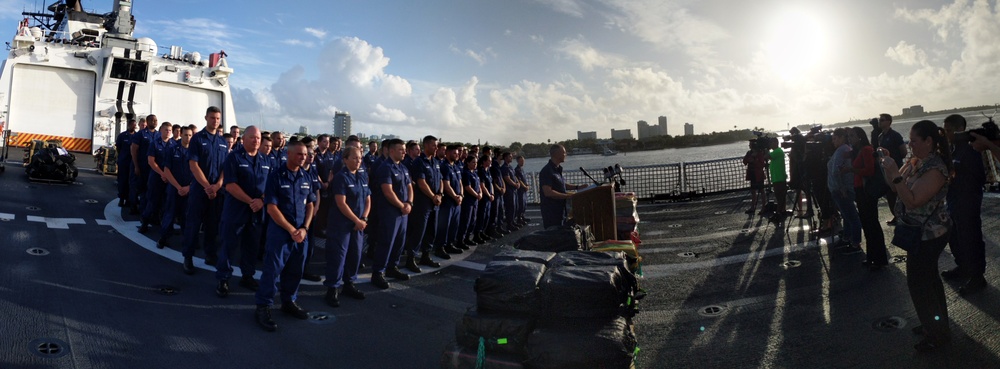 Coast Guard Cutter Hamilton (WMSL-753) conducts press conference on drug offload