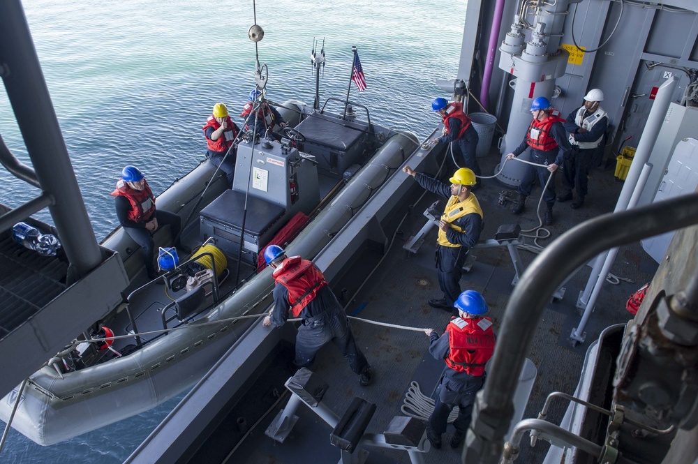 USS America Sailors lower rigid-hull inflatable boat