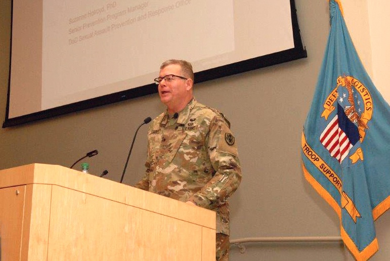 Army Brig. Gen. Mark Simerly provides introductory remarks during a Sexual Assault Response and Prevention Summit at the Defense Logistics Agency Troop Support.