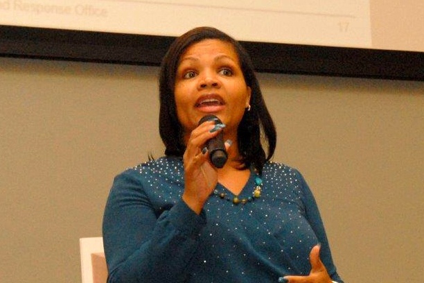 Sexual Assault Response Coordinator, Ella Wynn, fields questions during a Sexual Assault Response and Prevention Summit at the Defense Logistics Agency Troop Support in Philadelphia.