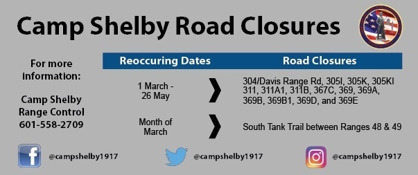 Camp Shelby Notice to Public of Road Closures