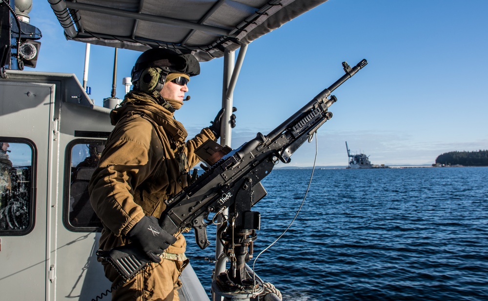 CRS 11 High Value Unit Pacific Northwest escorts USNS Charles Drew (T-AKE-10) in Puget Sound, Wash.