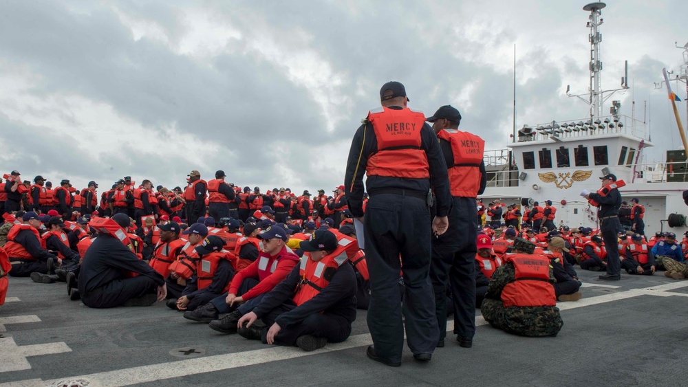 Sailor aboard USNS Mercy conduct an abandon ship drill