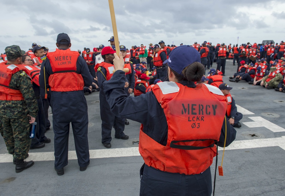 Sailors aboard USNS Mercy conduct abandon ship drill