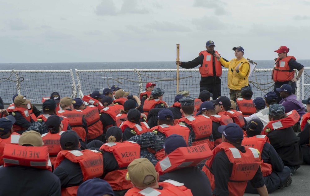 Sailor aboard USNS Mercy conduct an abandon ship drill