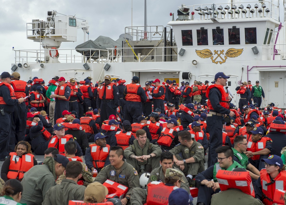 Sailors aboard USNS Mercy conduct abandon ship drill