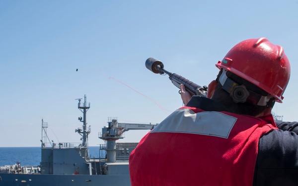 USS Bonhomme Richard (LHD 6) participates in a replenishment-at-sea