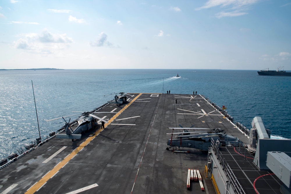 USS Bonhomme Richard (LHD 6) departs White Beach Naval Facility