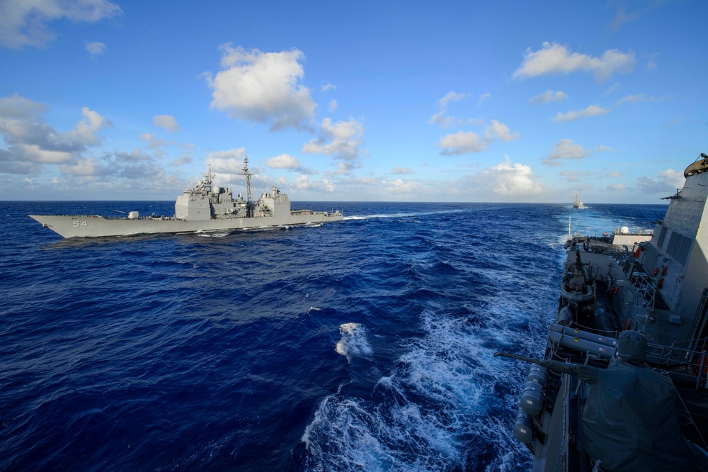 United states ships Antietam, Mustin and Curtis Wilbure participate in a ship formation exercise during MultiSail 18