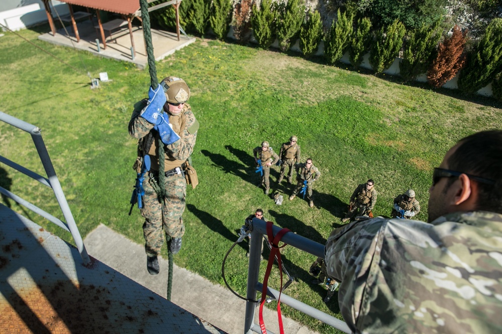 MRF, 26th MEU conduct fast rope and container inspection training at NMIOTC, Souda Bay, Greece