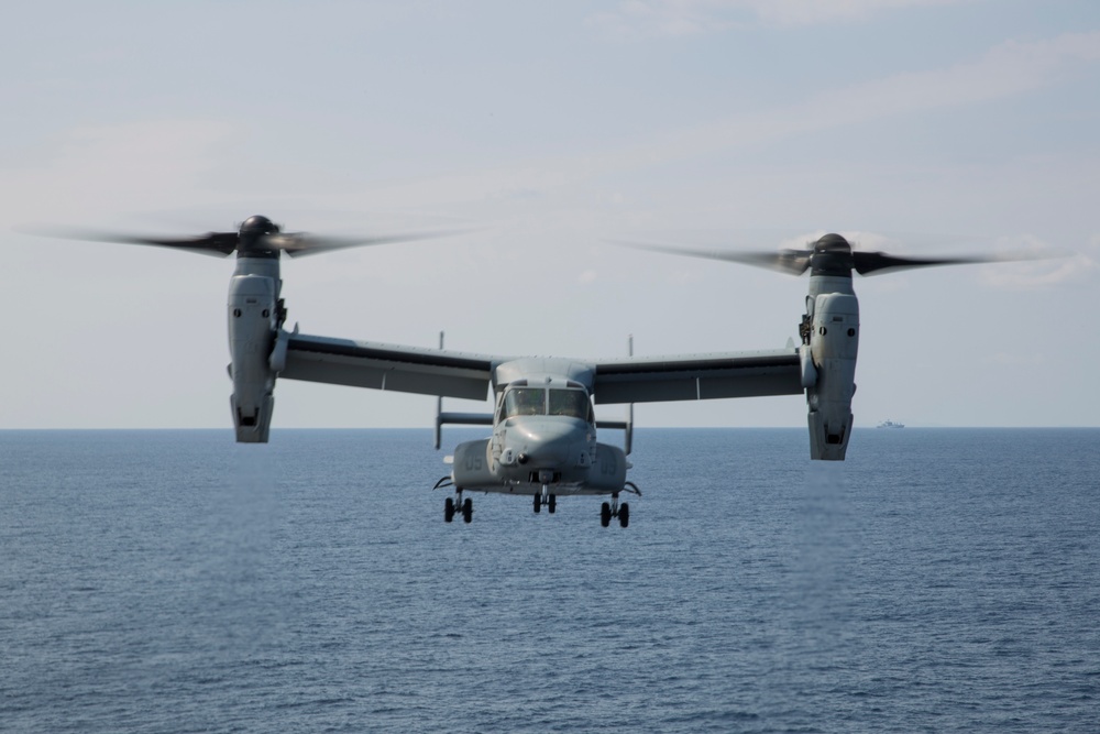 MV-22B Ospreys conduct flight operations on the USS Wasp