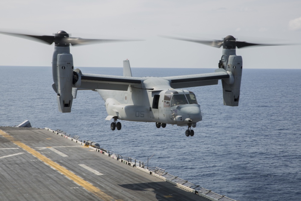 MV-22B Ospreys conduct flight operations on the USS Wasp