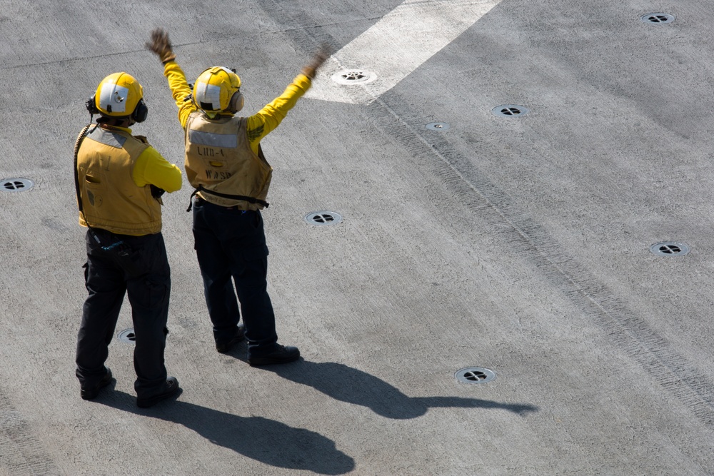 MV-22B Ospreys conduct flight operations on the USS Wasp