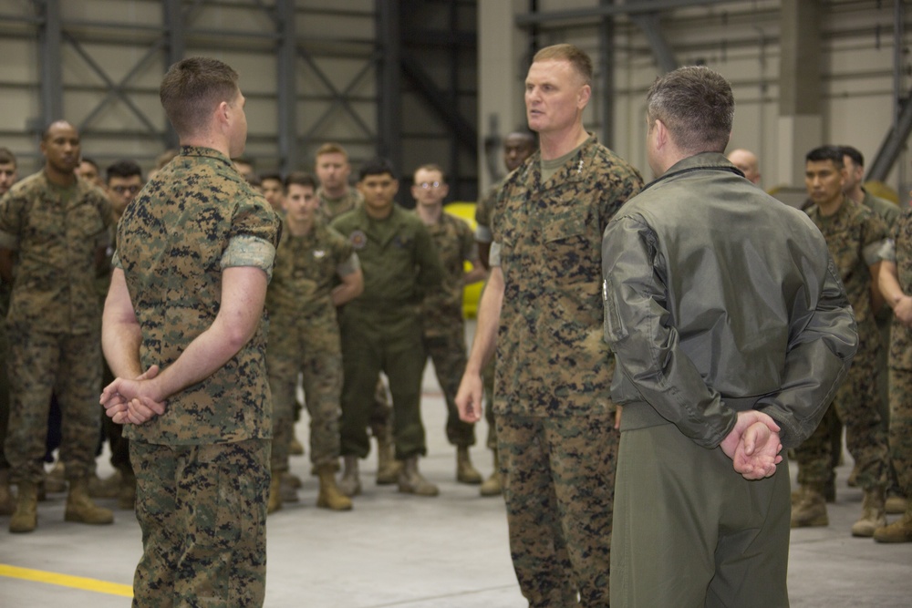 Lt. Gen. Steven R. Rudder presents VMGR-152 with the Chief of Naval Operations (CNO) Safety Award