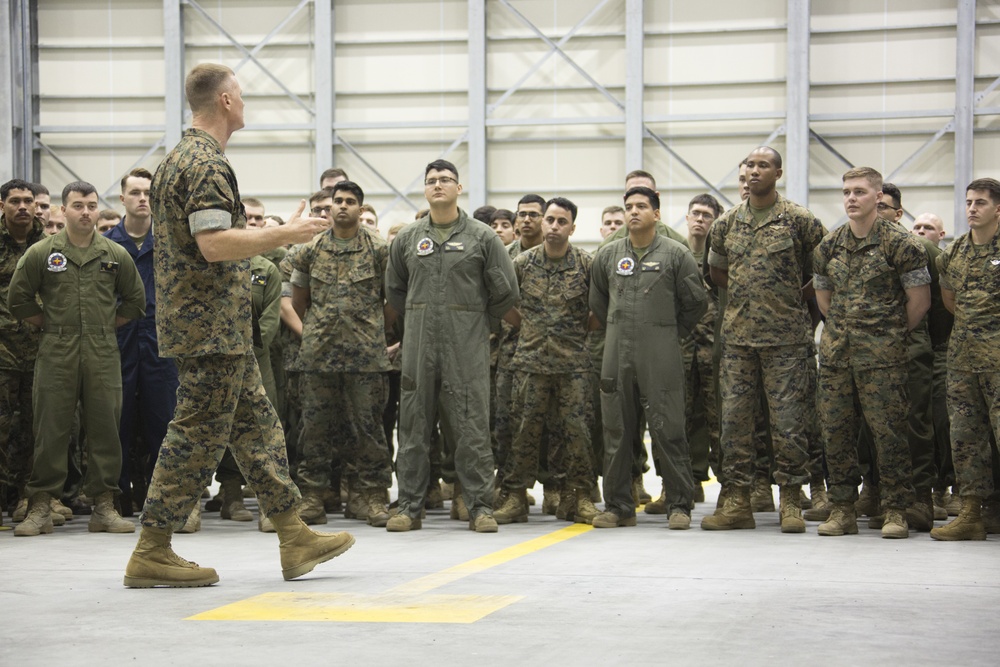 Lt. Gen. Steven R. Rudder presents VMGR-152 with the Chief of Naval Operations (CNO) Safety Award