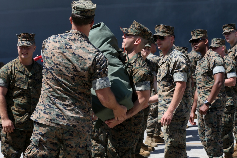 31st MEU Marines embark on USS Wasp (LHD-1) for Spring Patrol 2018