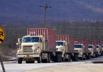 The 432nd Transportation Company, U.S. Army Reserve - Puerto Rico lines up prior to unloading shipping containers at Letterkenny Munitions Center in support of Operation Patriot Bandoleer.