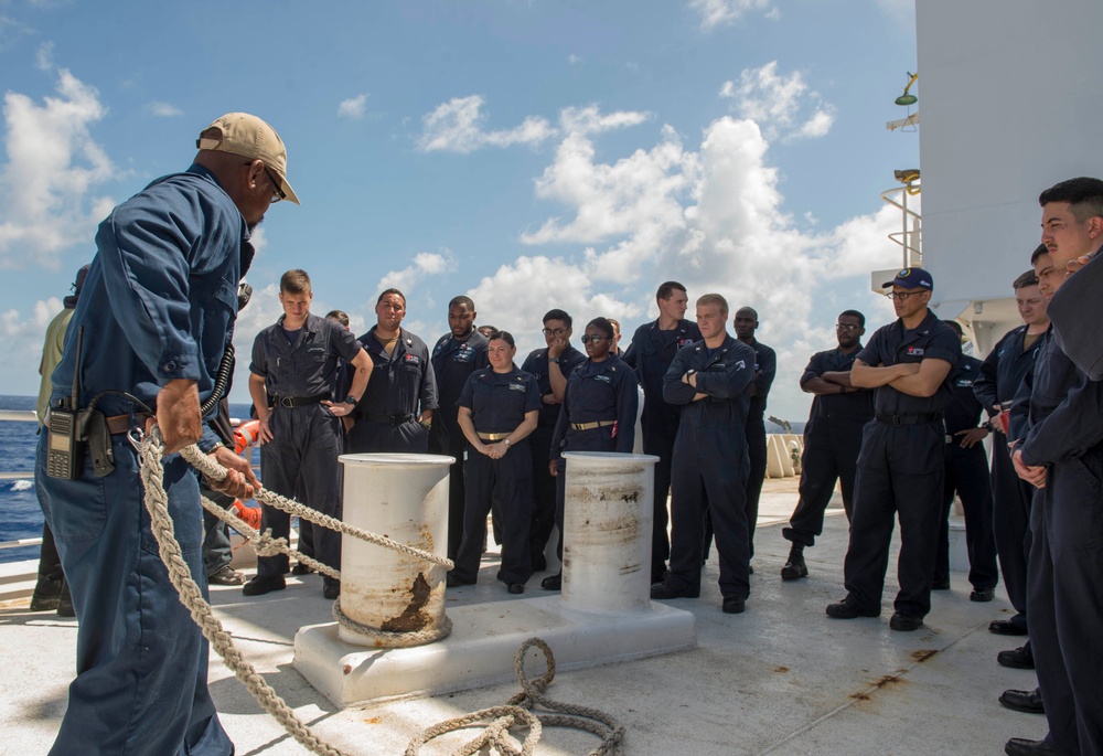 Sailors review basic line handling techniques aboard USNS Mercy